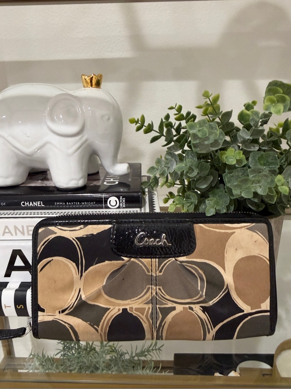 Coach Black and Beige Signature Zip Around Wallet